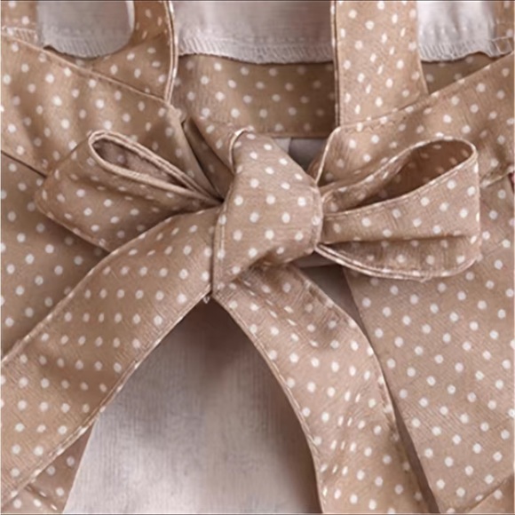 Apron Bib Sweet Vintage Retro Vibe Pockets Waist Tie Floral Polka Dot Pink Tan - Picture 3 of 14